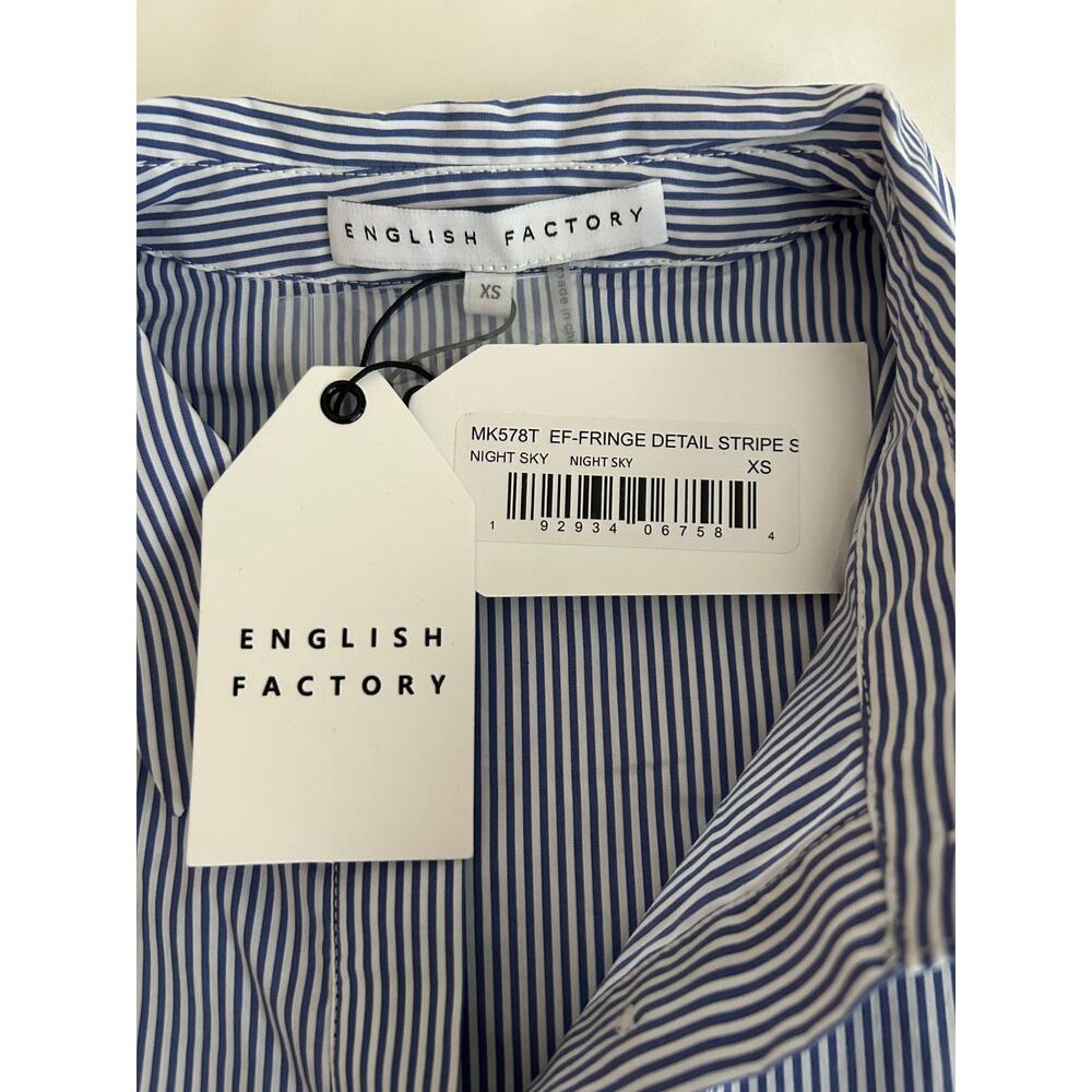 NWT English Factory Blue White Pinstripe Long Sleeve Button Up Shirt Fringe -XS - Picture 4 of 10